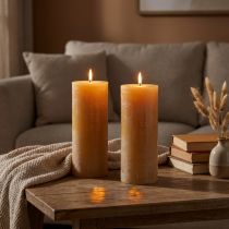 Product XXL pillar candle set, honey-colored, creates a cozy atmosphere, 85x200mm, 100h burning time, pack of 2