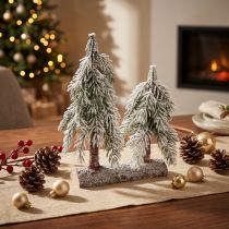 Product Christmas tree decoration green white winter on wooden base H28cm