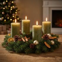 Product Solid-colored olive green pillar candles 60×80mm, pack of 4, for decoration & Advent