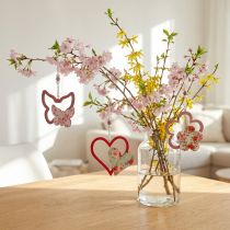 Product Spring pendant, butterfly heart flower, wooden decoration with floral pattern H8.5/9/7.5cm 6 pcs