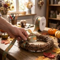 Product Decorative ribbon with leaf motif, autumn decoration, 40mm x 15m