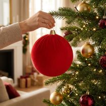Product Red velvet-look Christmas bauble, large 20cm Christmas tree bauble, 3 pieces