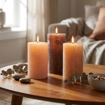 Product Decorative pillar candle set of 12 in brown, sand &amp; apricot, 60x100mm, solid color, marbled, long burning time