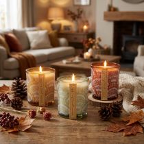 Product Scented Candles in Glass Sandalwood Wooden Lid H8.5cm 3 pcs