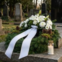 Product White wreath ribbon with gold edge for computer printing, satin ribbon, waterproof, 25m x 125mm