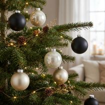 Product Bauble, Christmas tree decorations, Christmas ball black/silver/mother of pearl H8.5cm Ø7.5cm real glass 12 pieces