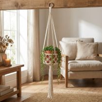 Product Macrame Hanging Decoration Boho Style Ø12cm H79cm Cream - Hanging Planter Wall Decoration