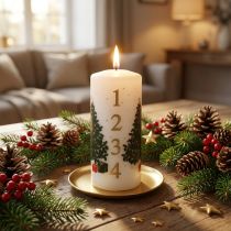 Product Advent calendar candle, Christmas pillar candle, white, 150/65mm, with numbers and Christmas tree
