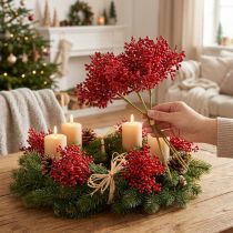Product Artificial berries red decoration for Advent wreath 32cm 3 pieces in bunch