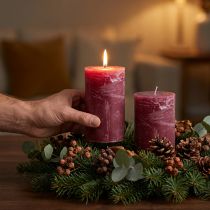 Product Red pillar candles, berry color, dyed throughout, decorative candles 85×150mm, set of 2, versatile