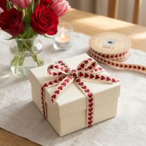 Product Decorative ribbon with red hearts gift ribbon beige 10mm 15m