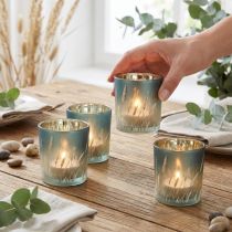 Product Decorative glass lantern with grass design for atmospheric room accents, blue, 8cm, 4 pieces.