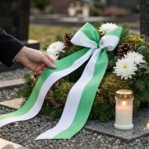 Product Moiré wreath ribbon 125mm x 25m in green and white, taffeta-woven ribbon, national ribbon, decorative ribbon