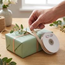 Product Narrow beige gift ribbon, fine ribbon for packaging, 10mm wide, 50m long