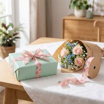 Product Gift ribbon with floral pattern for playful gifts and crafts, 2.5cm wide, 15m long