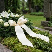 Product Cream-colored wreath ribbon with gold edge, supersatin, 125mm wide, 25m long - Waterproof, ideal for computer printing &amp; environmentally friendly