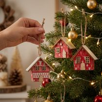 Product Red Christmas houses for hanging, paper and wood, 5.5cm, set of 6