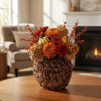 Product Decorative planter with pine cones, natural look, 27cm. Round pine cone pot, natural brown, made from pine cones, 27cm x 22cm.