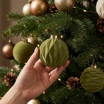 Product Christmas tree bauble, velvet look, green, textured mix, 8cm, 12 pieces. Christmas bauble, flocked moss green, plastic baubles, moss green flocked. Cotton cords included for each bauble.