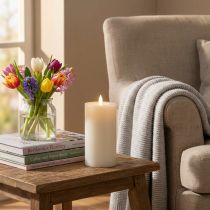 Product LED pillar candle made of real wax in white with timer function, warm white, 15cm