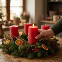 Product LED pillar candle in red with timer and warm white light, made of real wax, 15cm