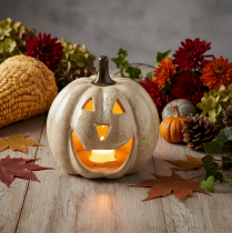 Product Ceramic pumpkin decoration with LED and grinning face, 13cm