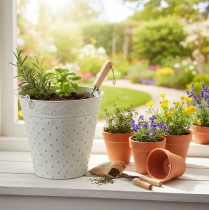Product Decorative bucket, whitewashed, with handle, Ø20.5cm, metal planter decoration