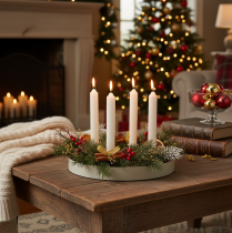 Product Candle holder for four taper candles, round wooden tray, 25cm