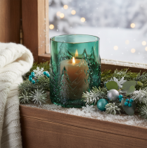 Product Glass tealight holder with fir trees in relief, Christmas decoration, 16cm