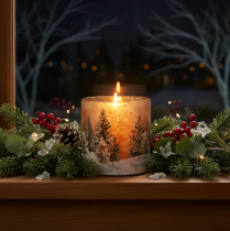 Product Glass tealight holder with winter forest in snow, Christmas decoration, 20cm