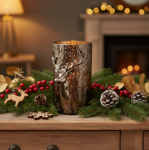 Product Glass tealight holder with deer head and tree reliefs, winter decoration, 26cm