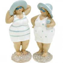 Decorative figure ladies on the beach, summer decoration, bathing figures with hat blue/white H15/15.5cm set of 2