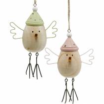 Spring decoration, wooden birds, winter bird with hat, wooden tag 4pcs