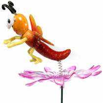 Garden Stake Dragonfly on Flower with Metal Spring Orange, Pink H74cm