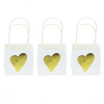 Gift bags with hearts and handles white gold 10.5cm 12pcs