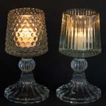 Product Glass tealight holder with base dots and grooves H15cm 2pcs
