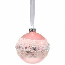 Glass ball pink with lace and pearls 3pcs
