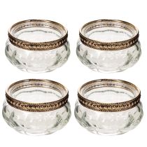 Product Glass tealight holders with decorative metal rim, 6cm, 4 pieces