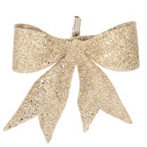 Product Glitter bow, decorative bow, gold with clip, 11cm, 4 pieces