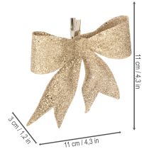 Product Glitter bow, decorative bow, gold with clip, 11cm, 4 pieces