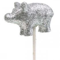 Lucky pig New Year&#39;s Eve lucky charm on a stick silver 3cm 6pcs