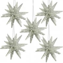 Glitter stars to hang champagne Christmas tree decorations 7.5 cm 8 pieces