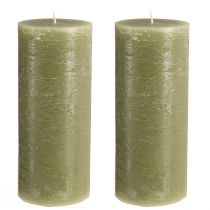 Product Set of 2 large olive green pillar candles, decorative candles for table decoration &amp; home ambience, 85x200mm, long burning time