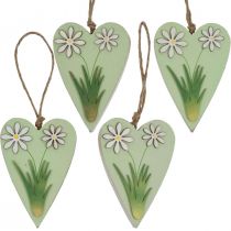 Decorative hearts to hang with flowers wood green, white 8.5×12cm 4pcs