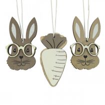 Wooden pendant rabbit with glasses carrot brown beige 4×7.5cm 9pcs