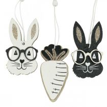 Wooden pendant rabbit with glasses carrot glitter 4×7.5cm 9pcs