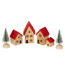 Product Wooden decorative house set with red roofs and fir trees, 12cm, 6 pieces