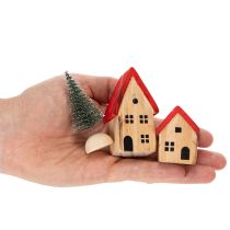 Product Wooden decorative house set with red roofs and fir trees, 12cm, 6 pieces