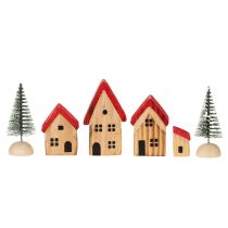 Product Wooden decorative house set with red roofs and fir trees, 12cm, 6 pieces