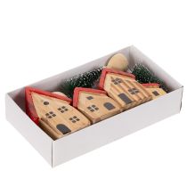 Product Wooden decorative house set with red roofs and fir trees, 12cm, 6 pieces